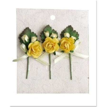 Embellishments / Verzierungen 3 mini bouquet di rosa con fiocco giallo