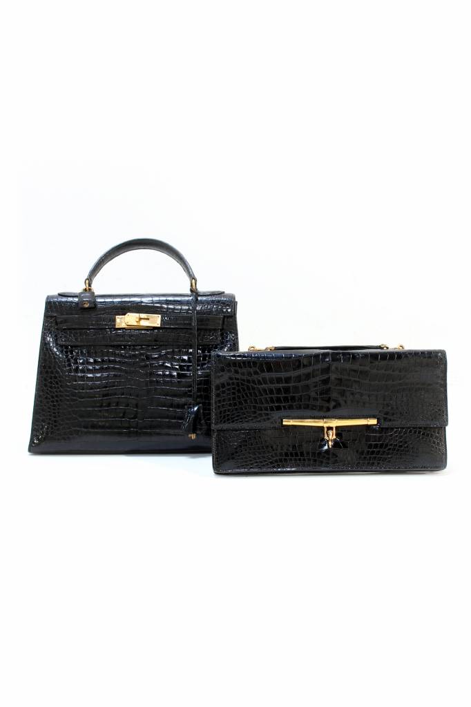 Vintage Hermès Kelly bag and clutch in black croco