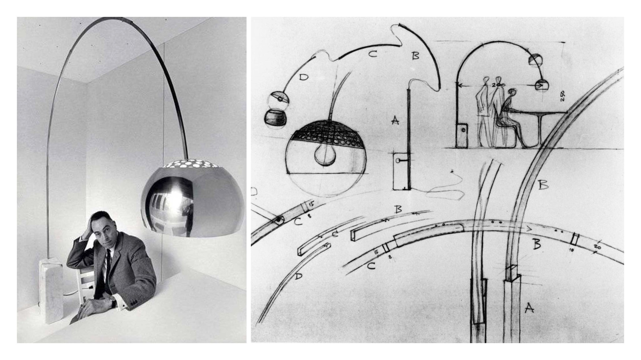 Flos arc lamp designed by Archille and Piere Castiglioni in 1962