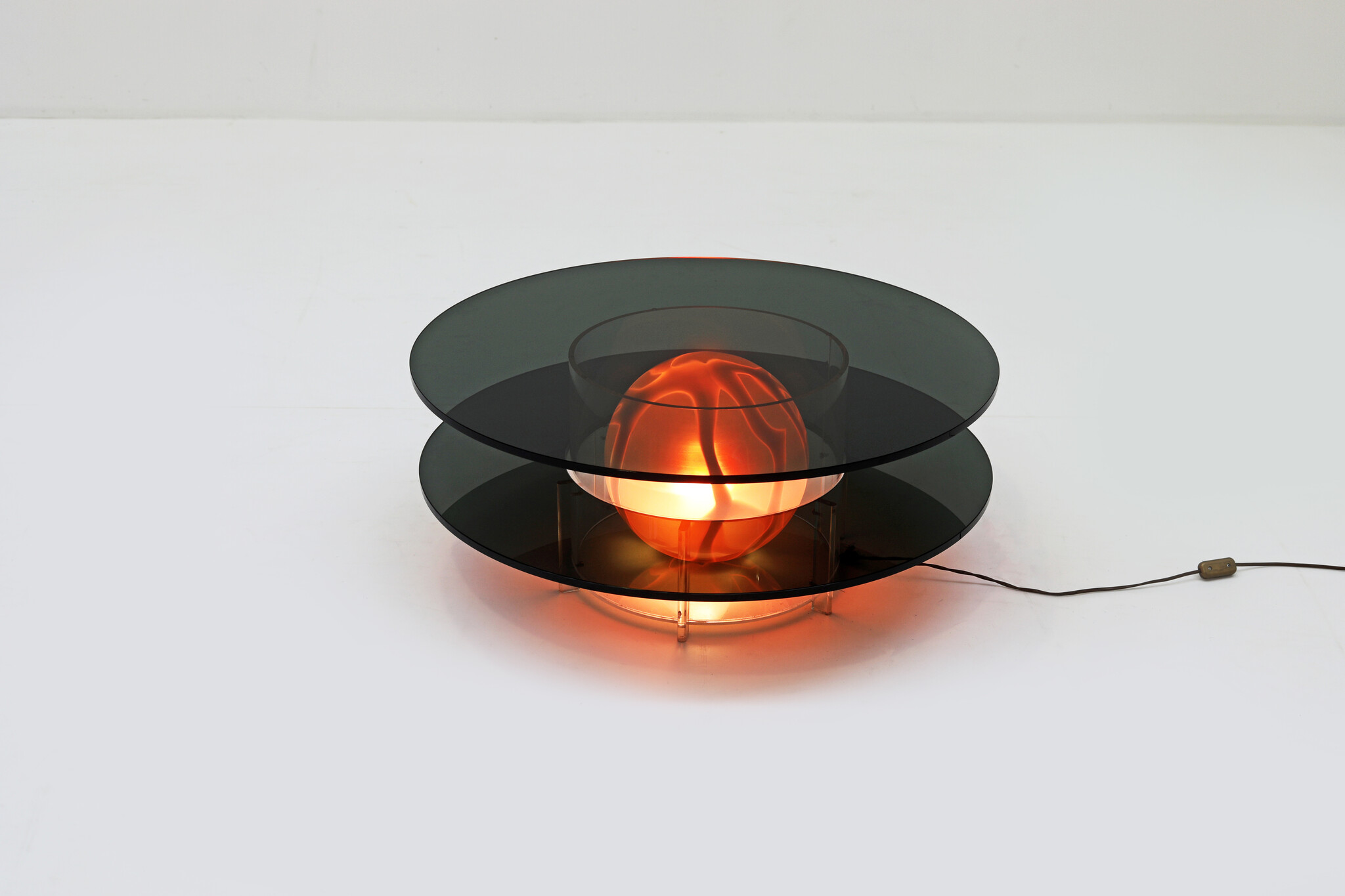 Italian Space Age coffee table in smoked glass with Murano globe lamp, 1970's