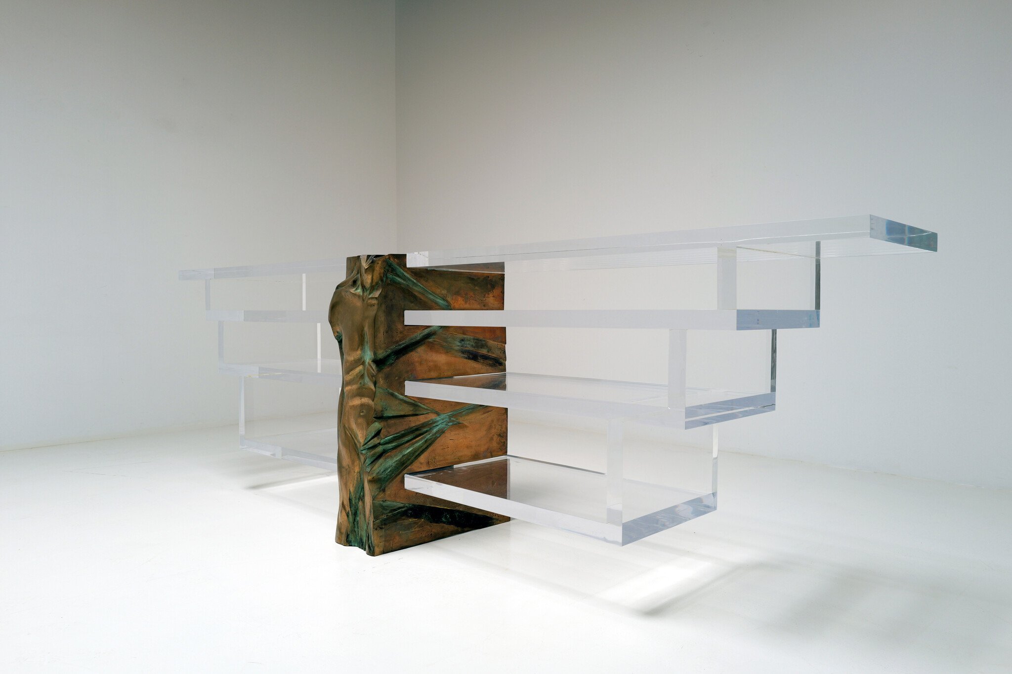 Plexiglass console with bronze male torso by Massimo Papiri for Tamanti, 1970's