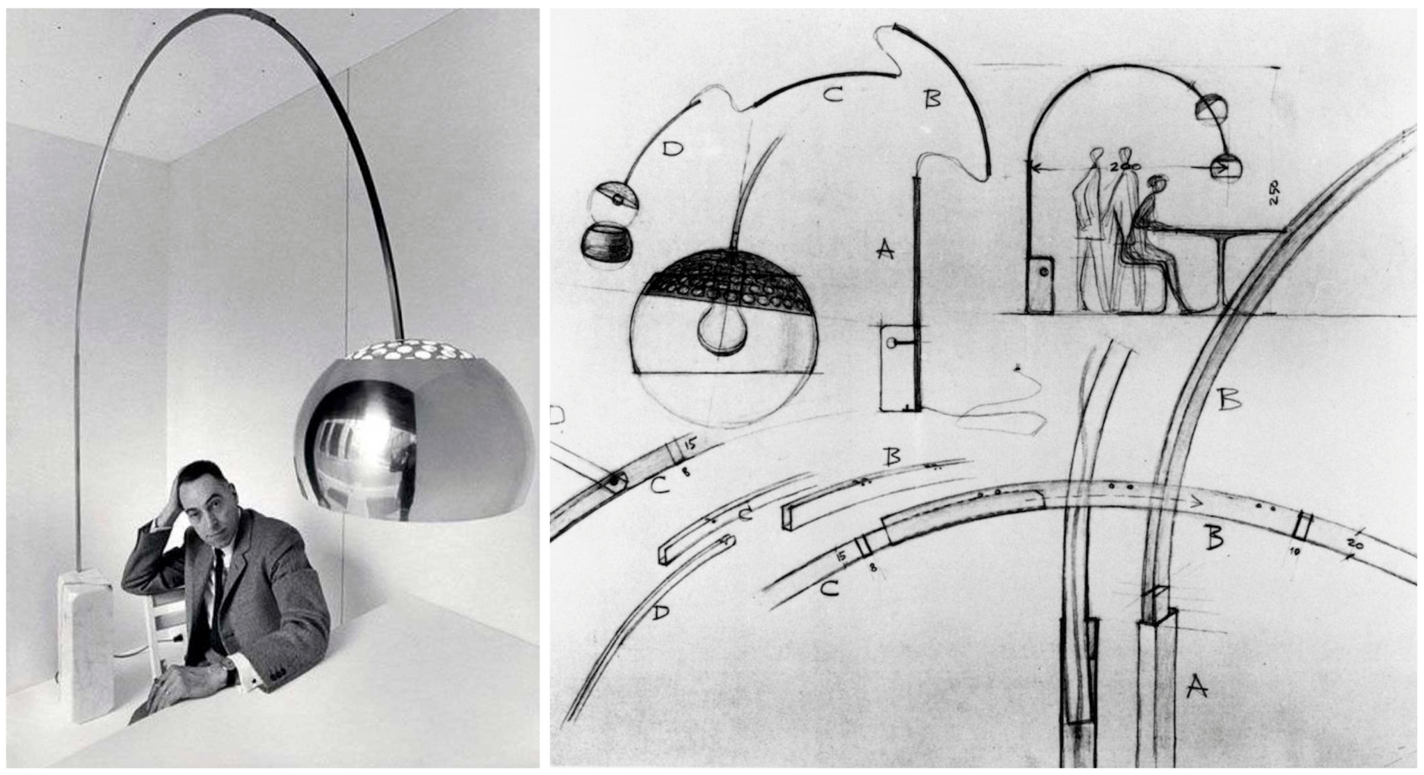 Flos booglamp ontwerpen door Archille en Piere Castiglioni, 1962