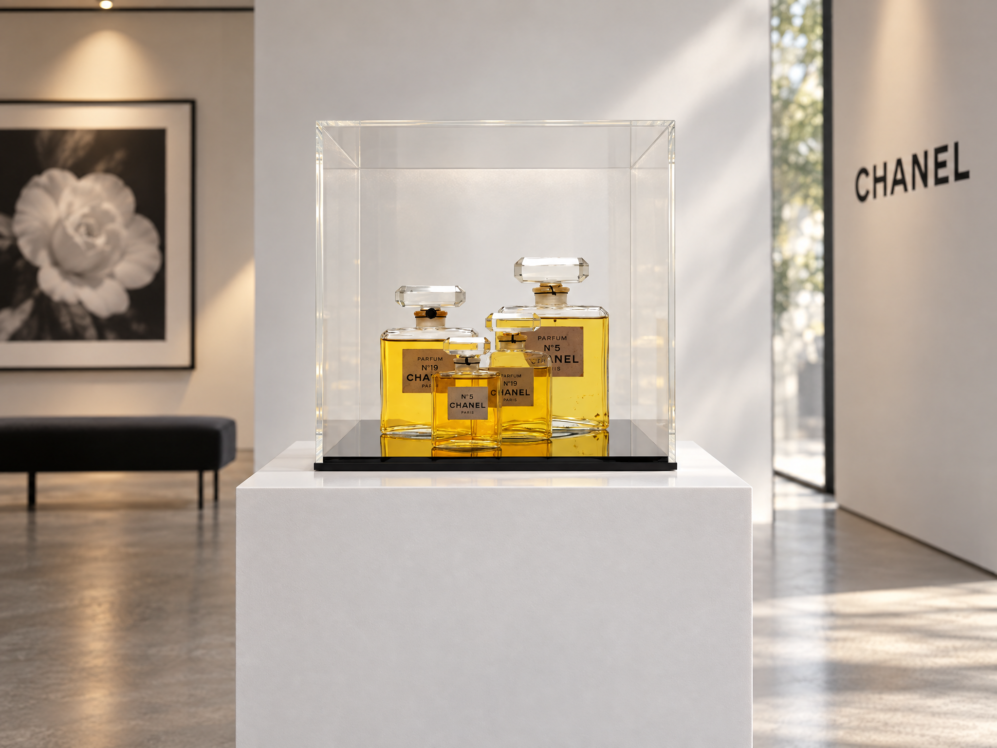 Vintage Chanel parfumflacons in plexi vitrine, 1980s