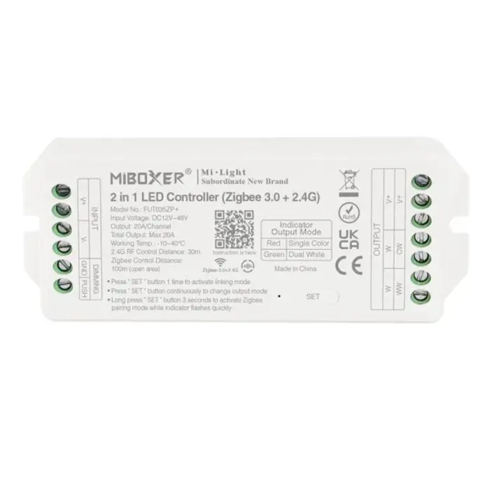 Miboxer Controlador LED RF  & Zigbee 2.4 GHz - 2 en 1 - Monocolor + CCT - Máx. 20A - FUT035ZP+