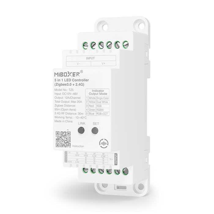 Miboxer Contrôleur LED Zigbee 3.0 TZ5 rail DIN 5-en-1 (RGB, RGBW, RGB+CCT, CCT, mono couleur) 12–48V – compatible Tuya, Alexa & Google