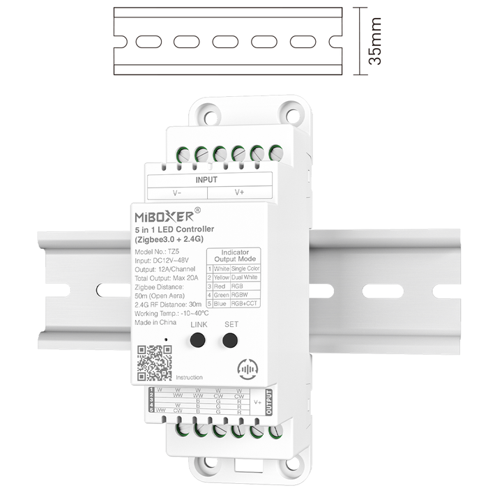 Miboxer Contrôleur LED Zigbee 3.0 TZ5 rail DIN 5-en-1 (RGB, RGBW, RGB+CCT, CCT, mono couleur) 12–48V – compatible Tuya, Alexa & Google