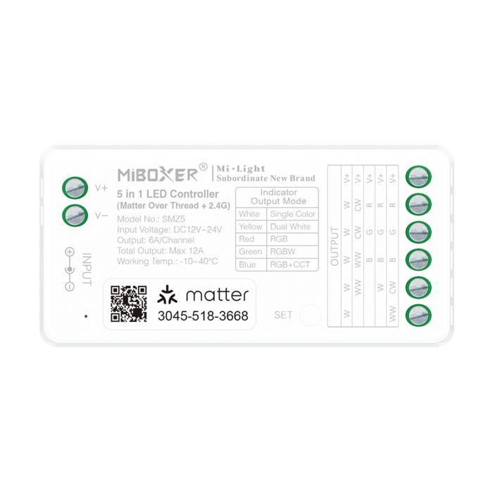 Miboxer Contrôleur LED Matter SMZ5 5-en-1 pour rubans LED (RGB, RGBW, RGB+CCT, CCT, mono couleur) 12–48V – compatible écosystèmes Matter