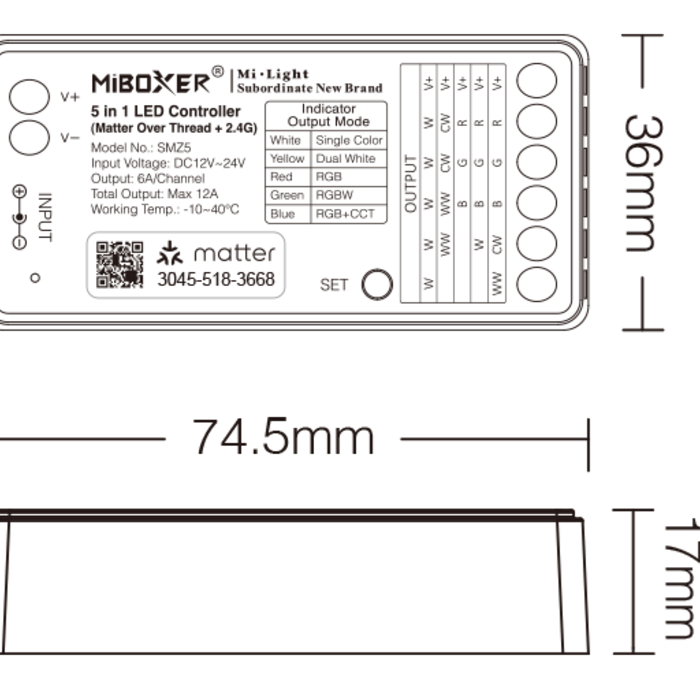 Miboxer SMZ5 5-in-1 Matter LED Controller für LED-Streifen (RGB, RGBW, RGB+CCT, CCT, Single Color) 12–48V – kompatibel mit Matter-Systemen