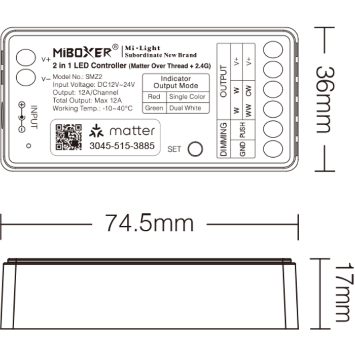 Miboxer Controlador LED Matter SMZ2 2 en 1 para tiras LED (monocromo / CCT) 12–24V – compatible con ecosistemas Matter