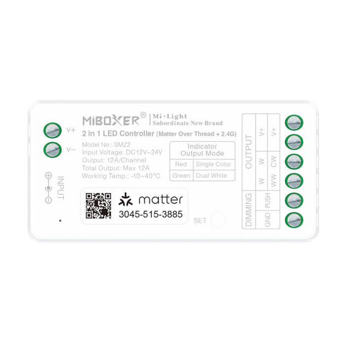 Miboxer Controlador LED Matter SMZ2 2 en 1 para tiras LED (monocromo / CCT) 12–24V – compatible con ecosistemas Matter