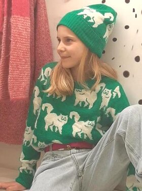 Bellerose Bellerose groene trui met poezenprint