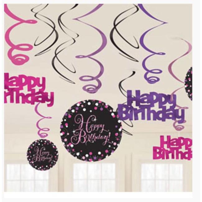 12 roze Happy Birthday spiraalhangers 60cm