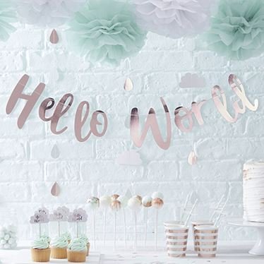 Hello World mint groen feestartikelen,voor geboorte en babyshower