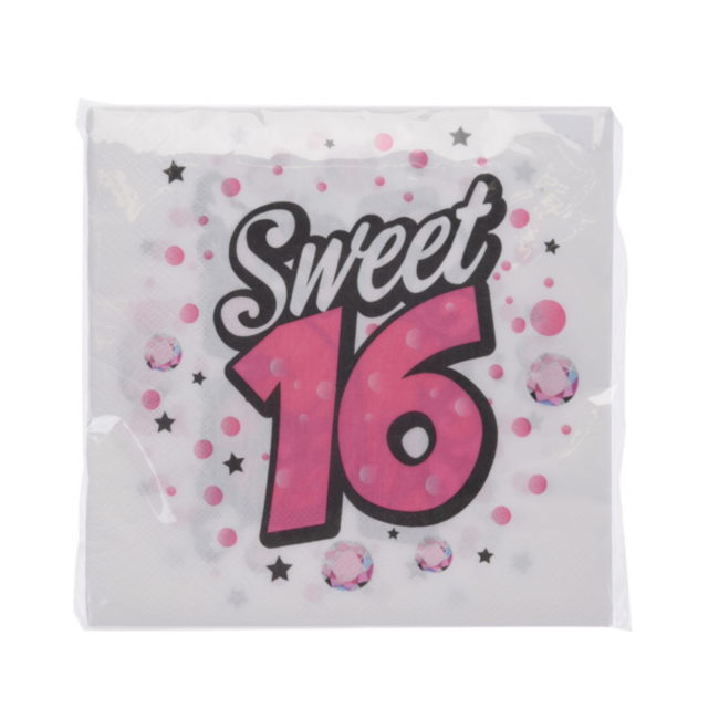 Feestartikelen Sweet 16 servetten roze - zwart