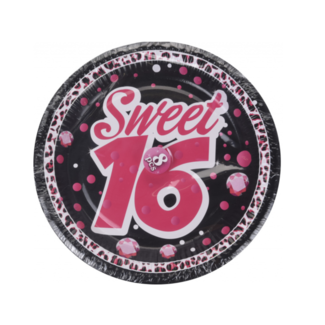 Feestartikelen Sweet 16 borden roze - zwart