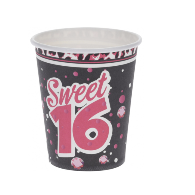 Feestartikelen Sweet 16 bekers roze - zwart