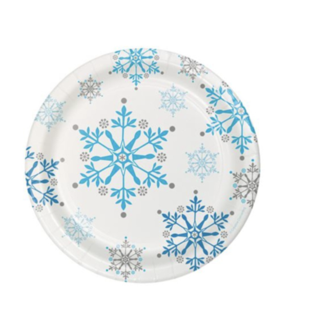 Feestartikelen Sneeuwvlok gebaksborden blauw - wit