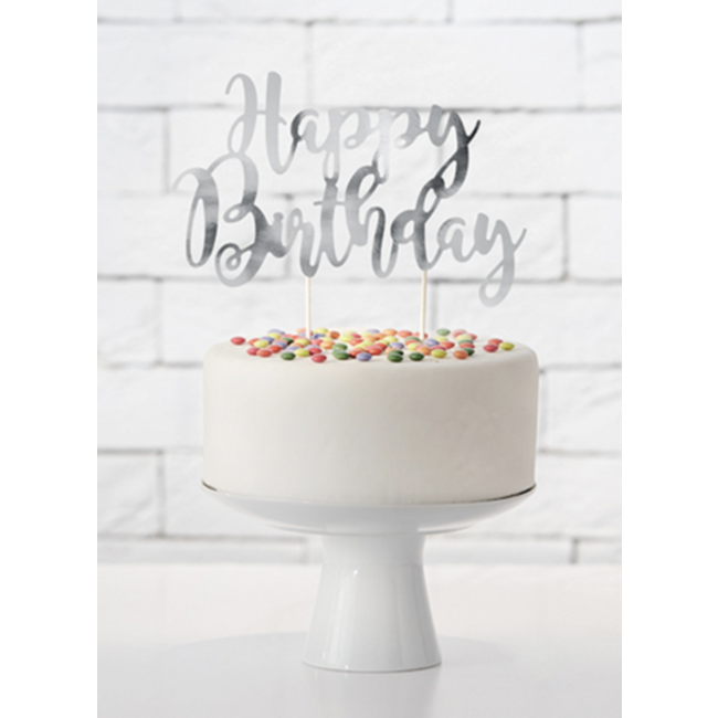 Partydeco Happy birthday taart topper zilver