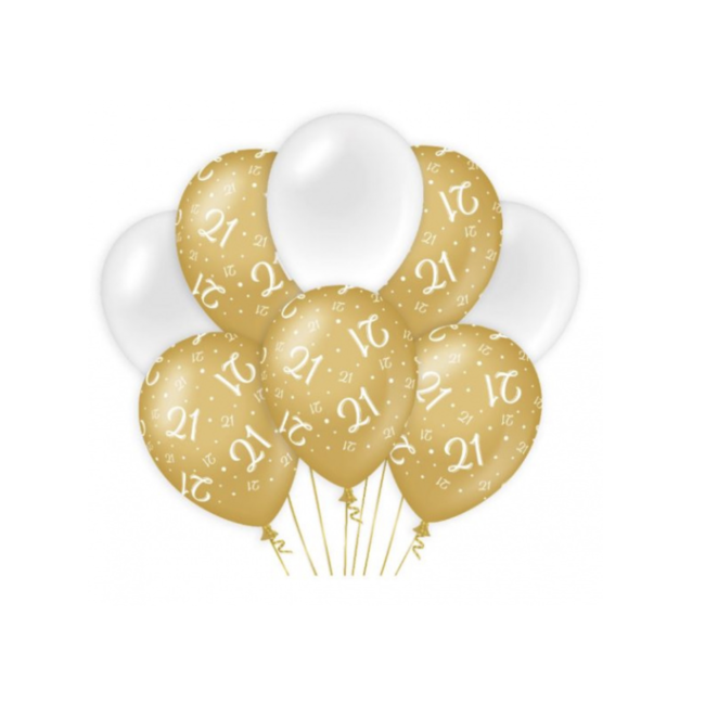 Feestartikelen 21 jaar ballonnen goud - wit