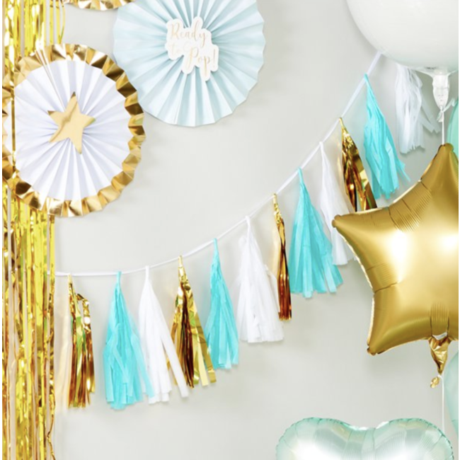 Feestartikelen Tassel garland metallic blauw - wit - goud