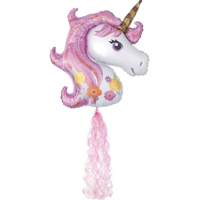 Feestartikelen Unicorn XL ballon roze met twirlz staart