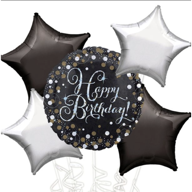 Feestartikelen Happy birthday ballonnen boeket zilver - zwartt