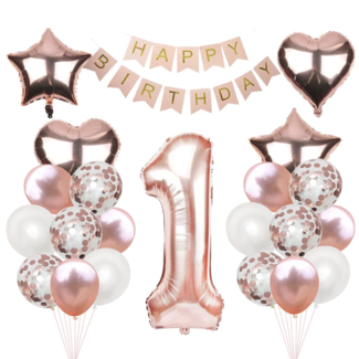 Feestartikelen Happy birthday rosé goud feest pakket met cijfer ballon