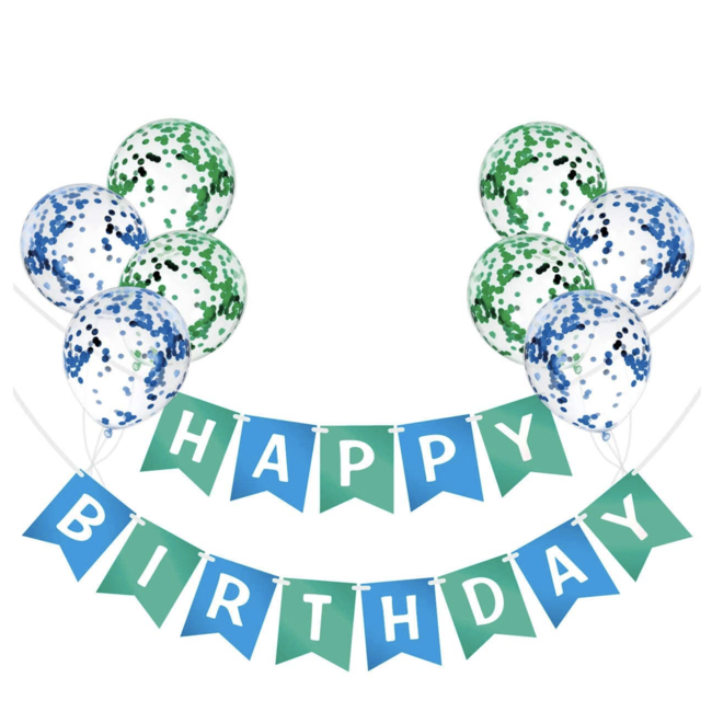 Feestartikelen Happy birthday slinger - confetti ballonnen groen - blauw