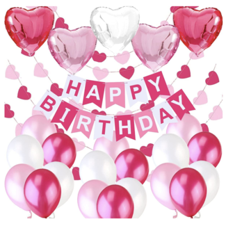 Feestartikelen Happy birthday versiering set donker roze - wit