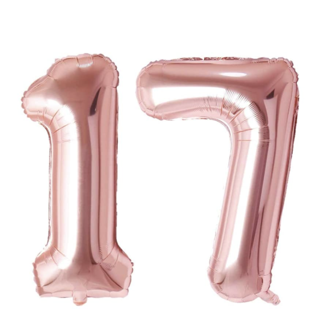 Feestartikelen 17 jaar cijfer ballonnen rosé goud