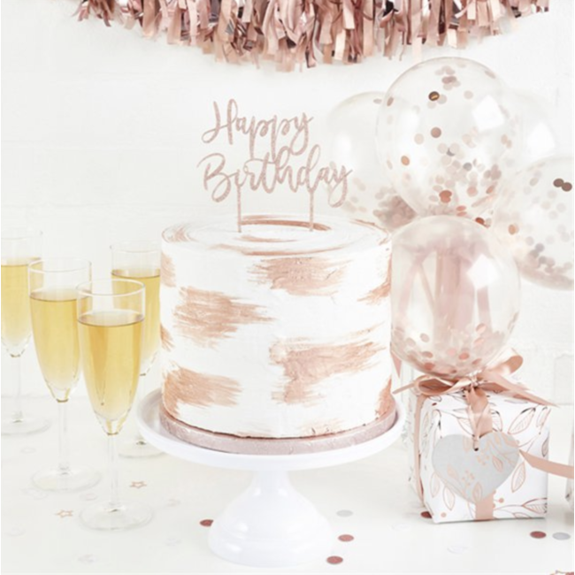 Feestartikelen Happy birthday taart topper rosé goud