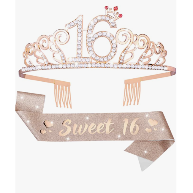 Sweet 16 sjerp en tiara rosé goud