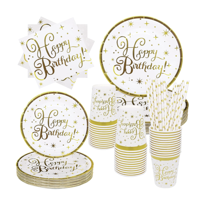 Happy birthday servies set goud - wit