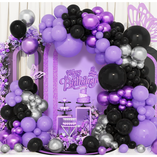 Ballonnen boog paars - zwart - zilver