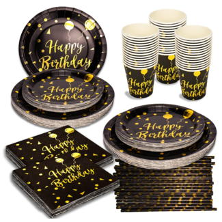 Happy birthday verjaardag servies set zwart - goud