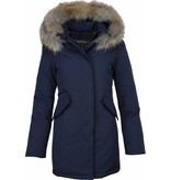 Beluomo Fur Collar Coat - Women's Winter Coat Wooly Long - Parka - Blue