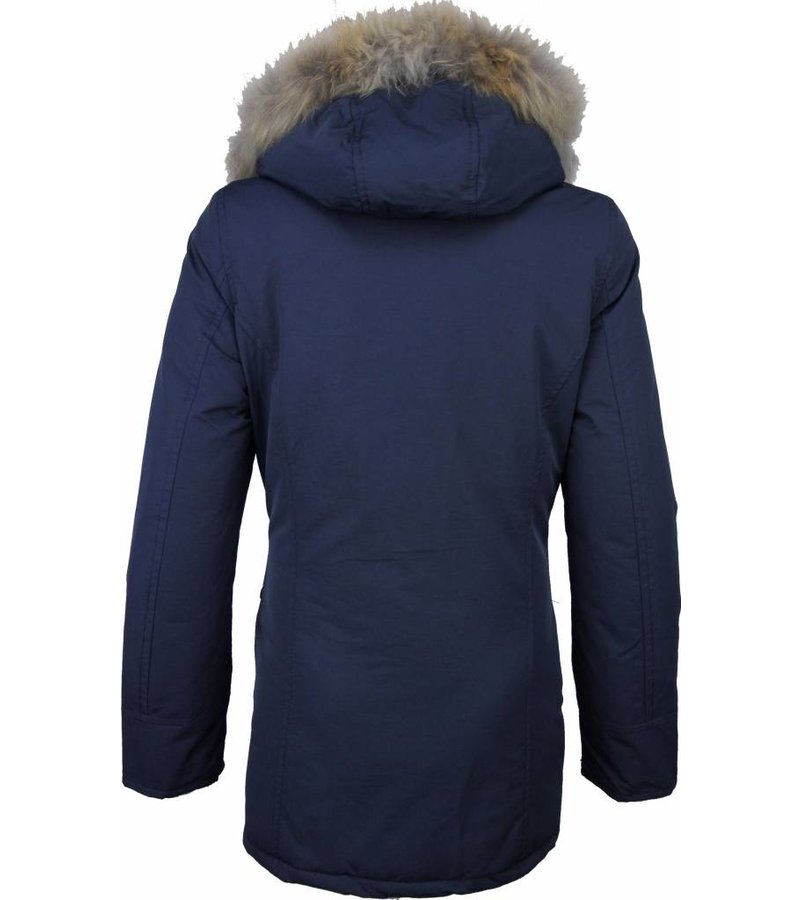 Beluomo Fur Collar Coat - Women's Winter Coat Wooly Long - Parka - Blue