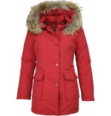 Beluomo Fur Collar Coat - Women's Winter Coat Wooly Long - Parka Stitch Pockets - Red
