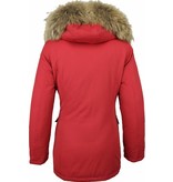 Beluomo Fur Collar Coat - Women's Winter Coat Wooly Long - Parka Stitch Pockets - Red