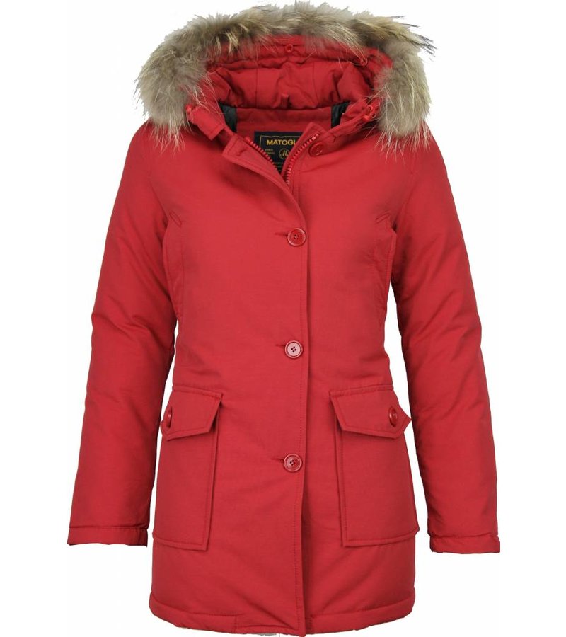Beluomo Fur Collar Coat - Women's Winter Coat Wooly Long - Parka Stitch Pockets - Red
