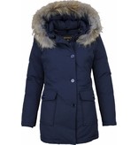 Beluomo Fur Collar Coat - Women's Winter Coat Wooly Long - Parka Stitch Pockets - Blue