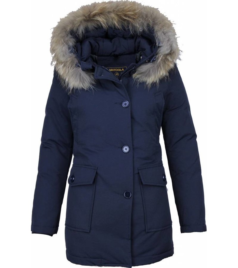 Beluomo Fur Collar Coat - Women's Winter Coat Wooly Long - Parka Stitch Pockets - Blue
