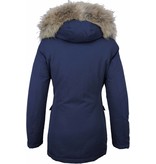 Beluomo Fur Collar Coat - Women's Winter Coat Wooly Long - Parka Stitch Pockets - Blue