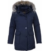 Beluomo Fur Collar Coat - Women's Winter Coat Wooly Long - Parka Stitch Pockets - Blue