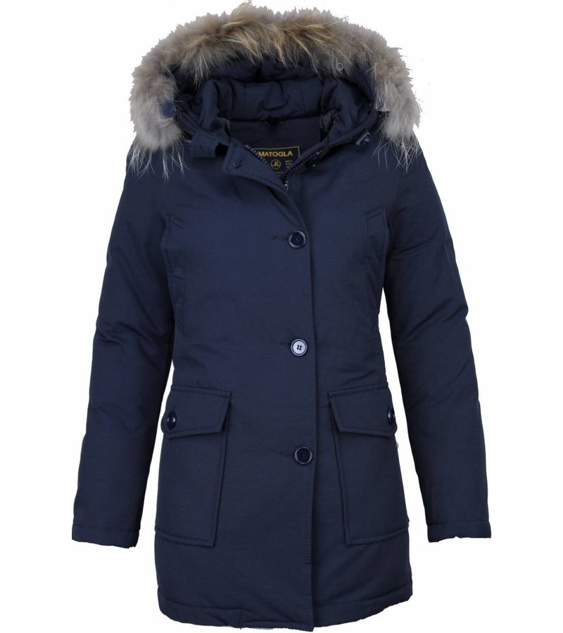 Beluomo Fur Collar Coat - Women's Winter Coat Wooly Long - Parka Stitch Pockets - Blue