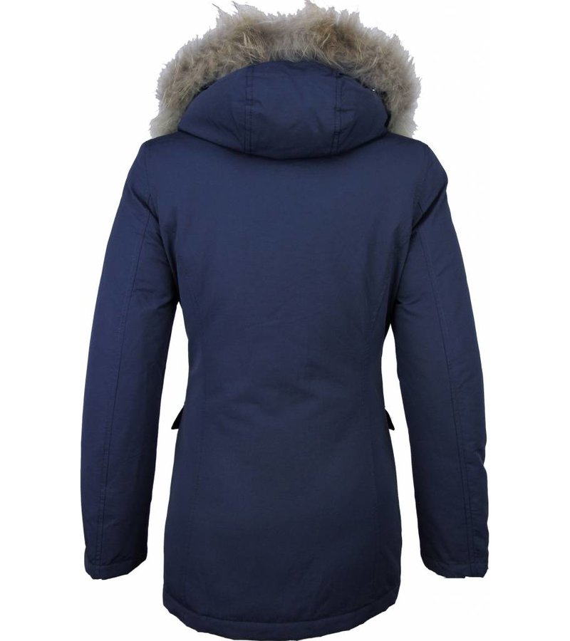 Beluomo Fur Collar Coat - Women's Winter Coat Wooly Long - Parka Stitch Pockets - Blue