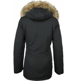 TheBrand Fur Collar Coat - Women's Winter Coat Wooly Long - Parka Stitch Pockets - Black