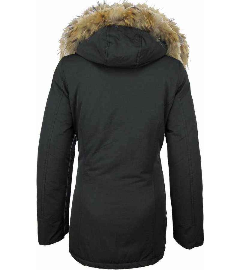 TheBrand Fur Collar Coat - Women's Winter Coat Wooly Long - Parka Stitch Pockets - Black