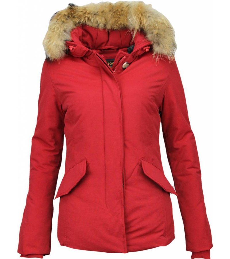 Beluomo Fur Collar Coat - Women's Winter Coat Wooly Short - Red