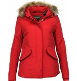 Beluomo Fur Collar Coat - Women's Winter Coat Wooly Short - Red